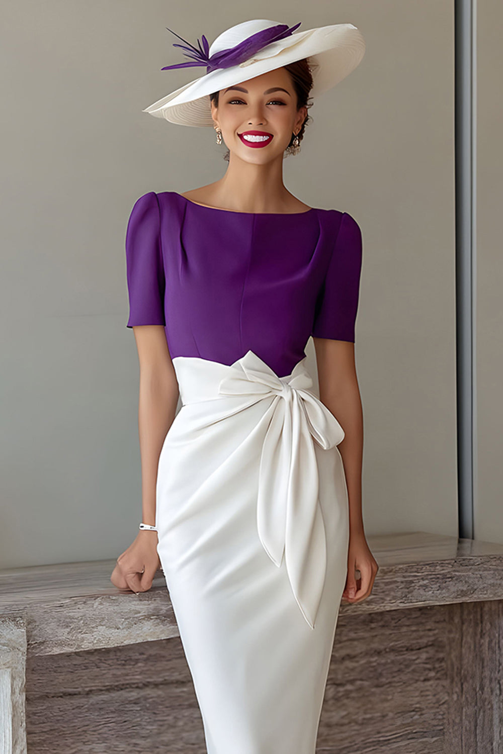 Robe de mariée mi-longue en mousseline de soie à col bateau coupe crayon avec nœud couleur raisin