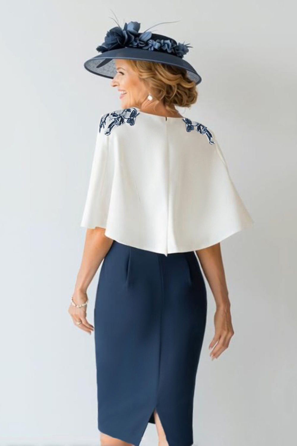 2 Piece Floral Navy Satin Bodycon Short Mother of the Bride Dress