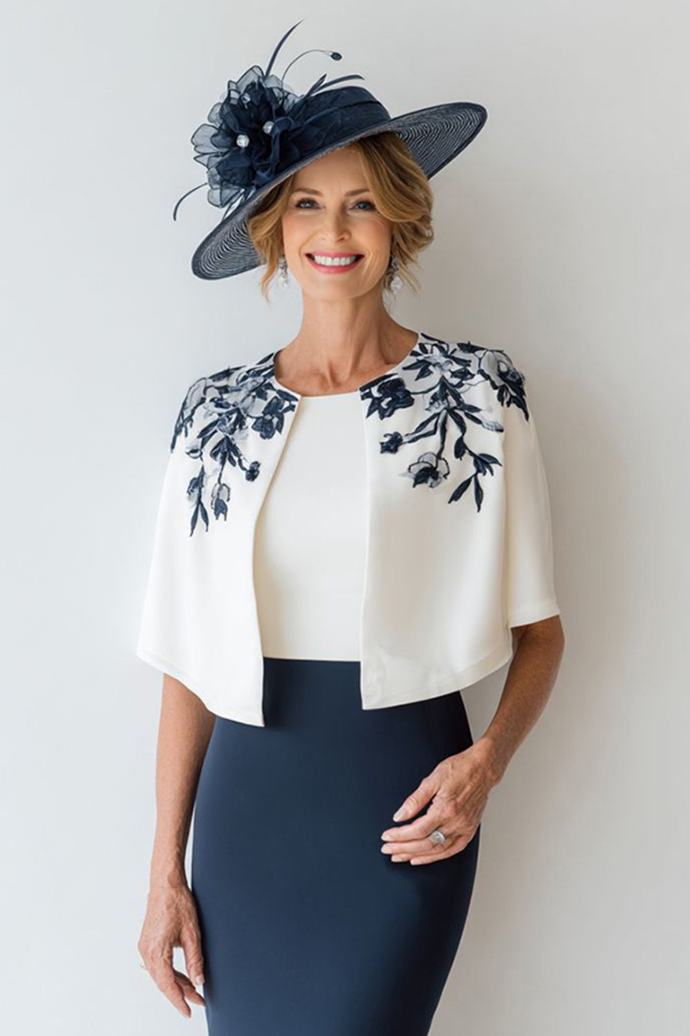 2 Piece Floral Navy Satin Bodycon Short Mother of the Bride Dress