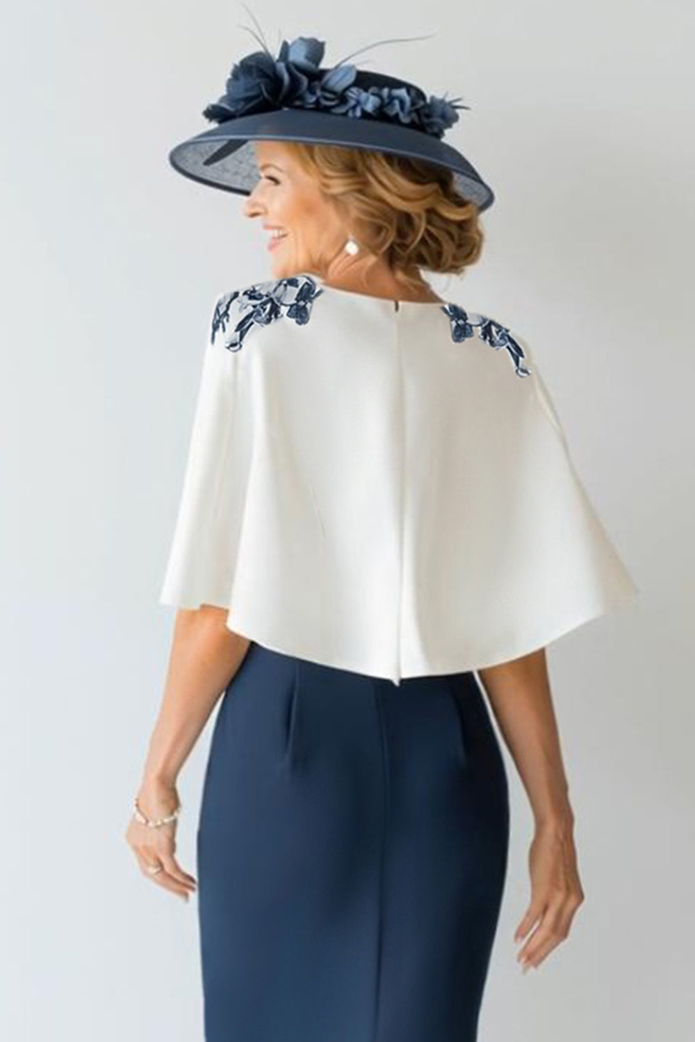 2 Piece Floral Navy Satin Bodycon Short Mother of the Bride Dress