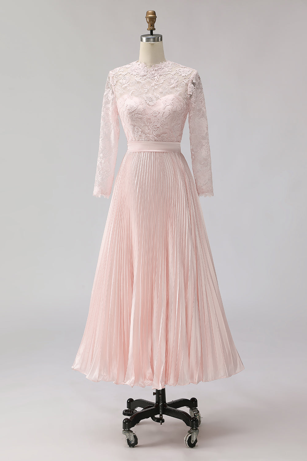 Blush Pink Chiffon A Line Pleated Midi Mother of the Bride Dress with Lace