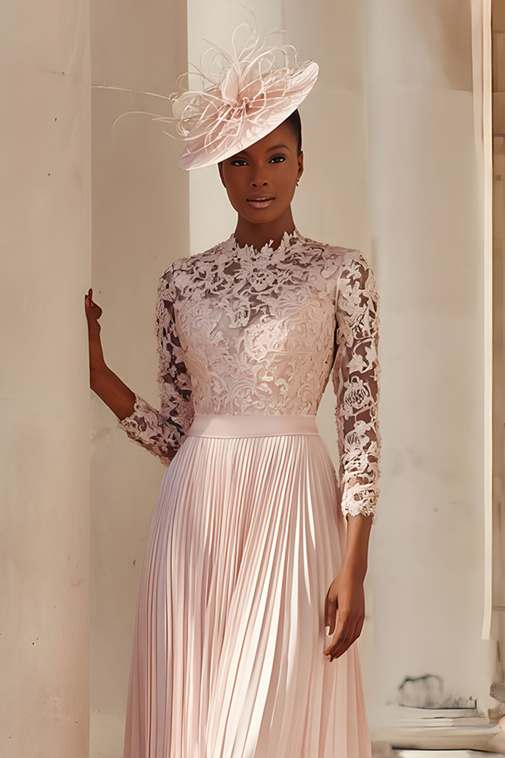 Blush Pink Chiffon A Line Pleated Midi Mother of the Bride Dress with Lace
