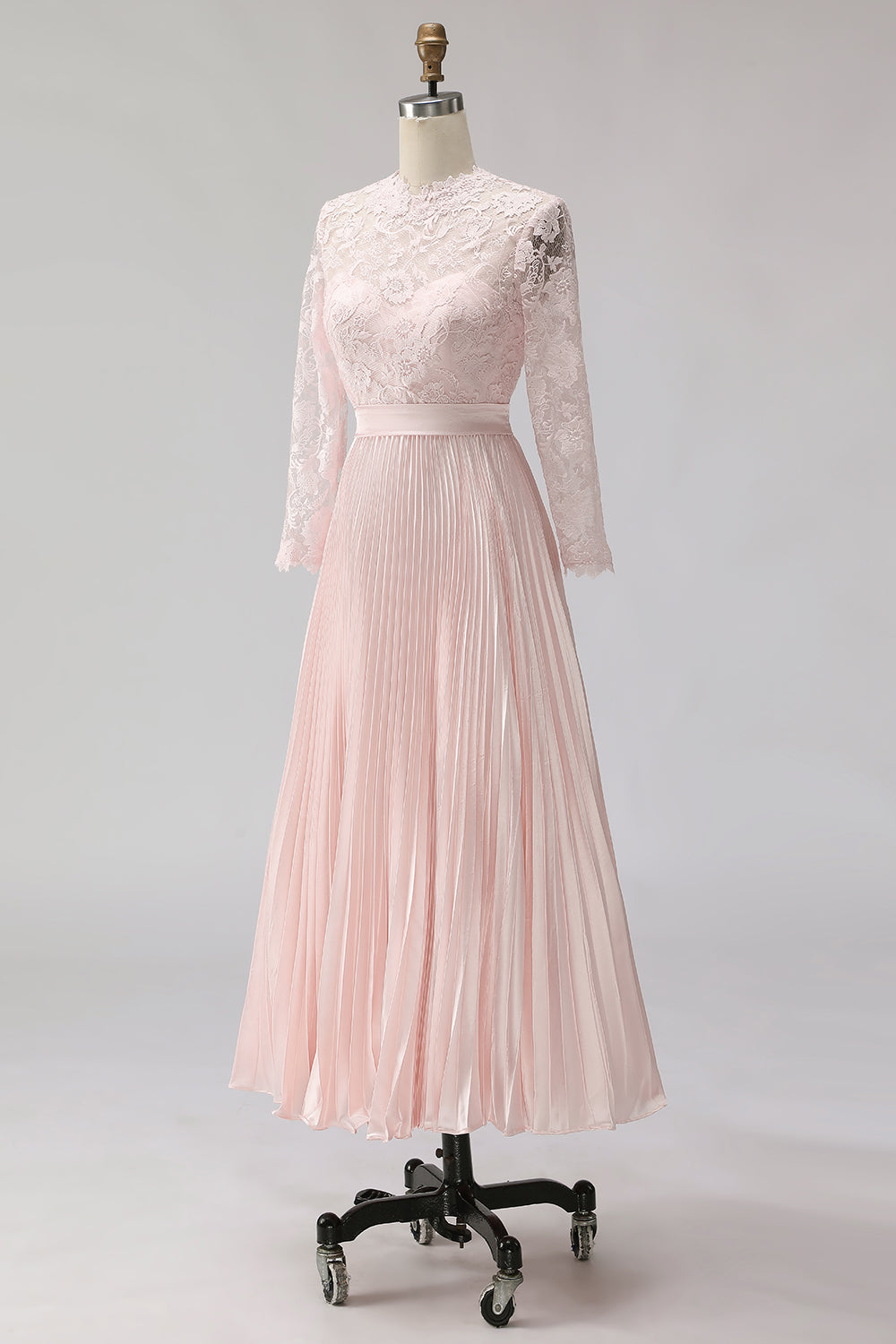 Robe de mariée mi-longue en mousseline de soie plissée rose fard à joues avec dentelle pour la mère de la mariée