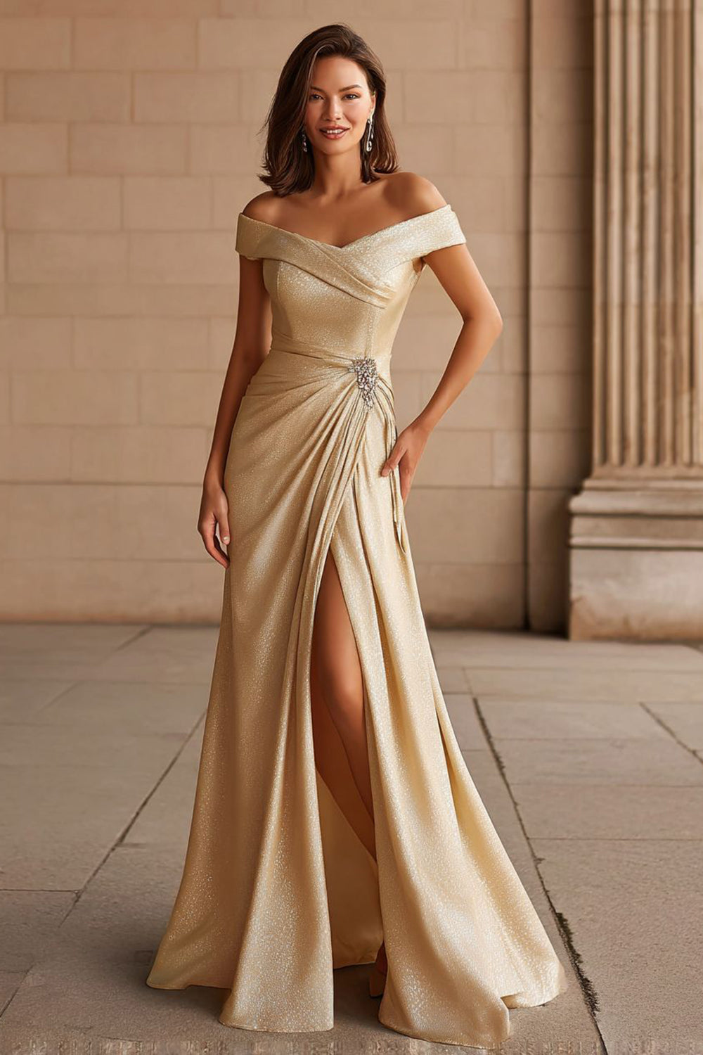 Champagne Metallic Off-the-Shoulder Long Mother of the Bride Dress with Slit