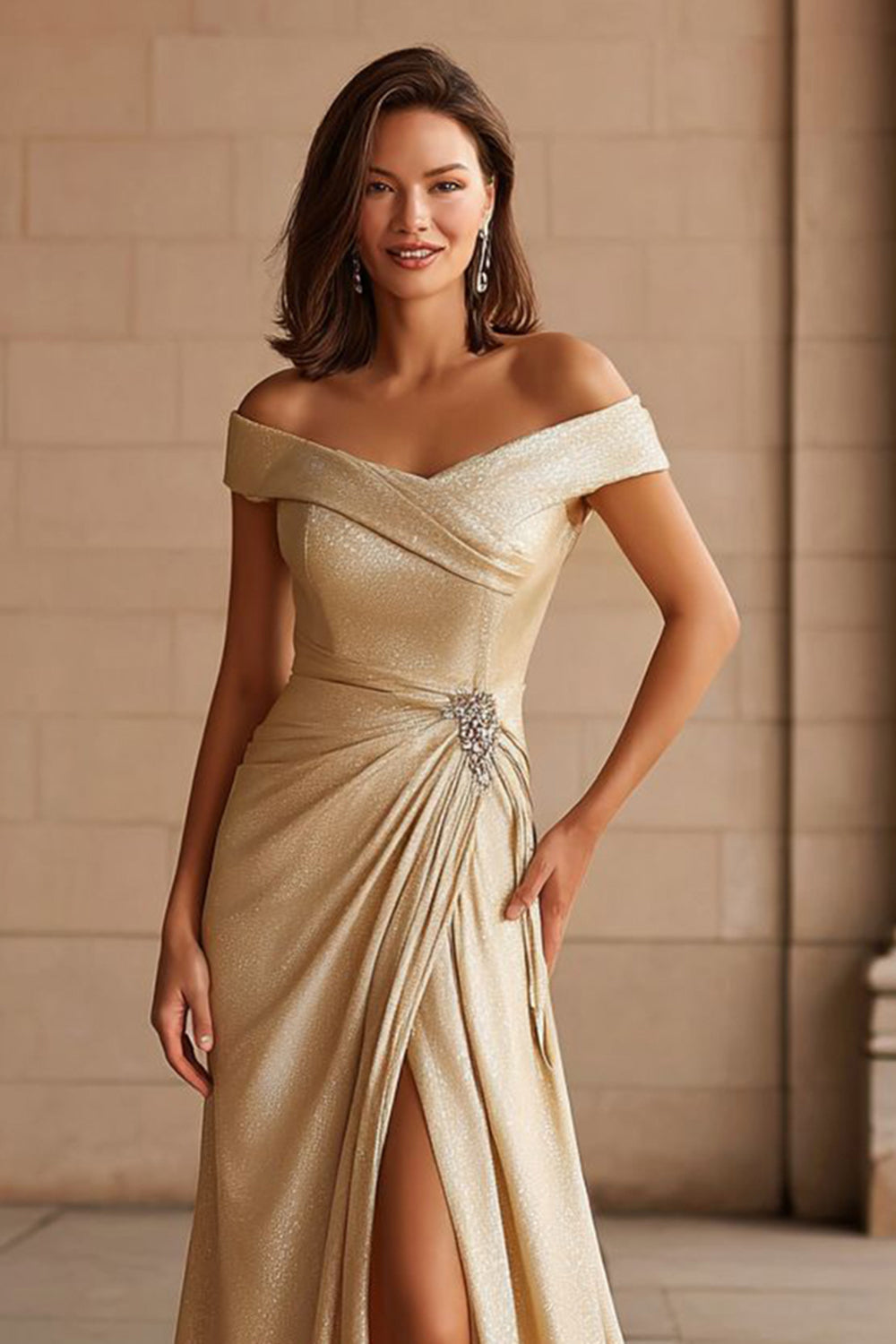 Champagne Metallic Off-the-Shoulder Long Mother of the Bride Dress with Slit