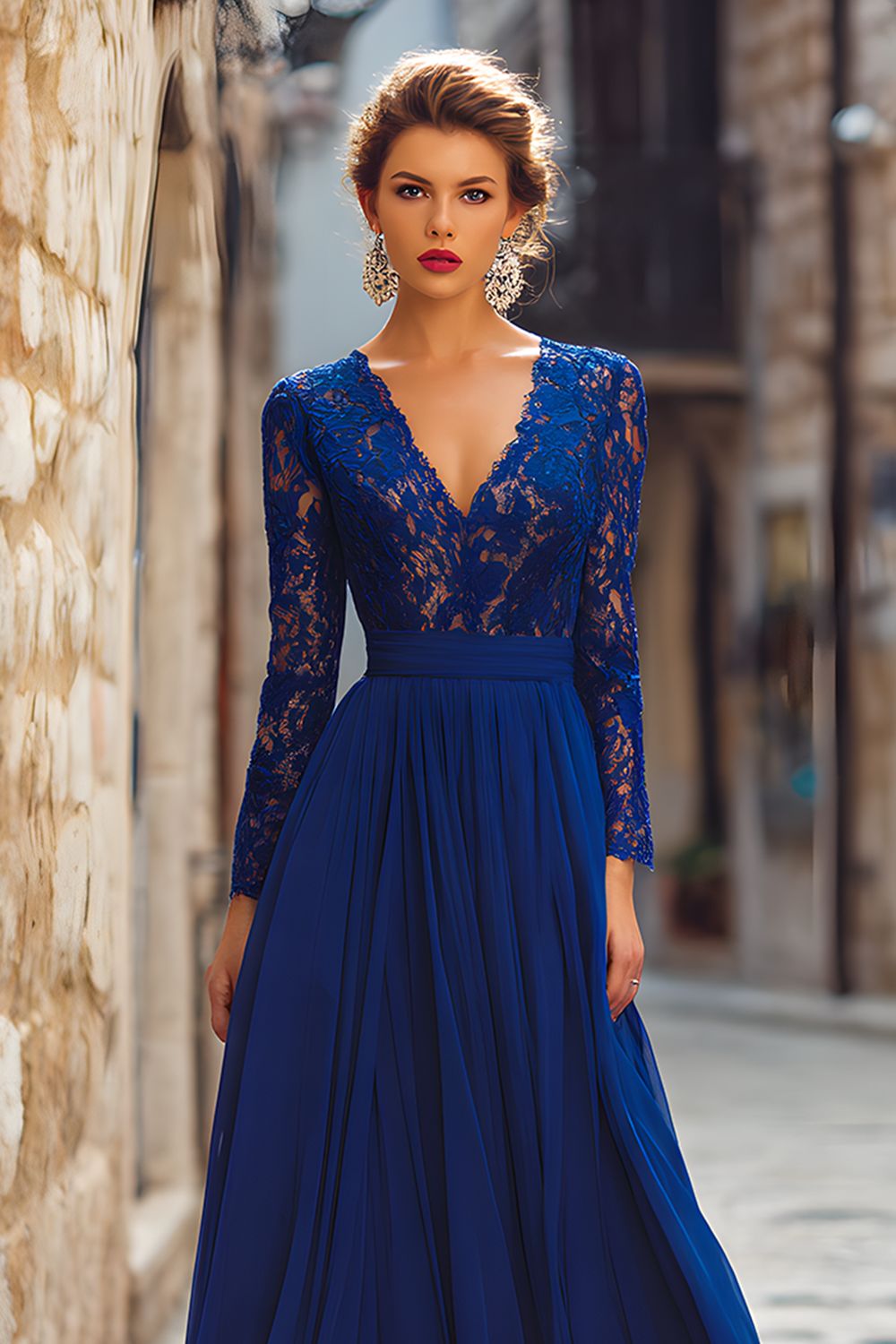Dark Blue Chiffon V-Neck Long Sleeves Mother of the Bride Dress with Lace
