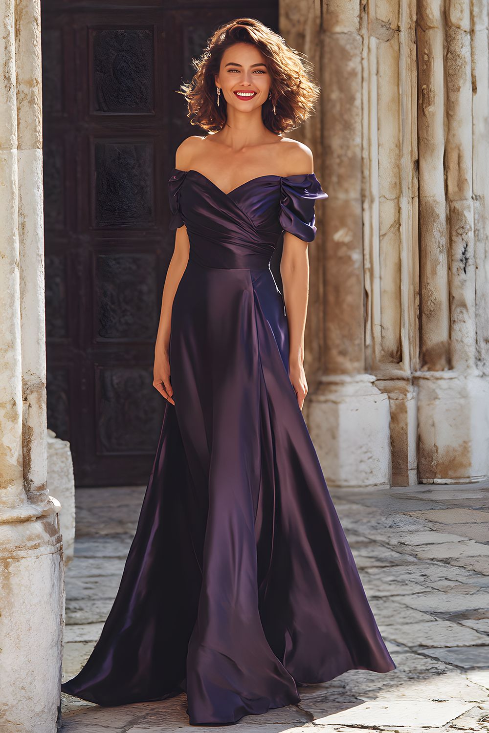 Plum Sheath Satin Off-the-Shoulder Long Mother of the Bride Dress