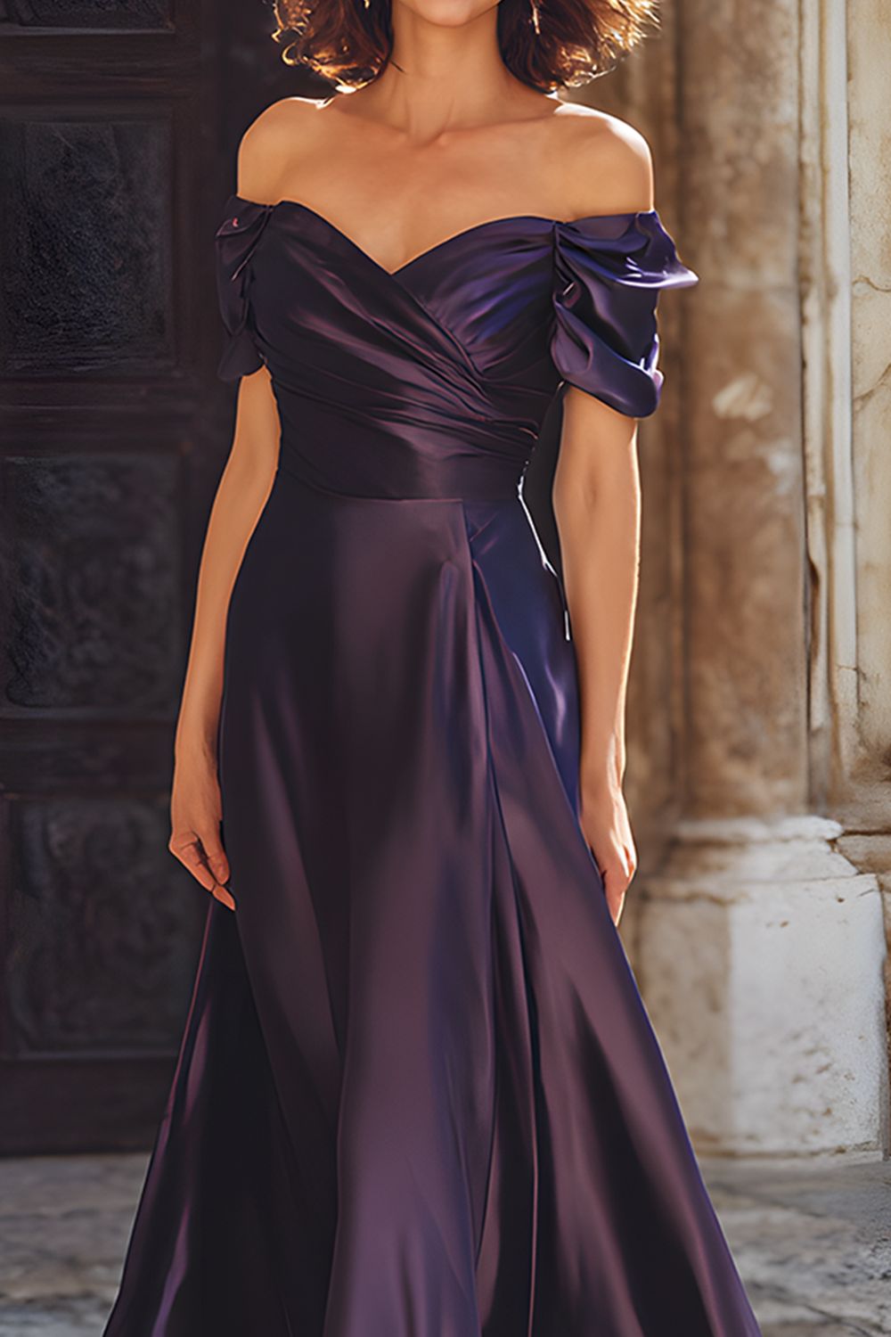 Plum Sheath Satin Off-the-Shoulder Long Mother of the Bride Dress