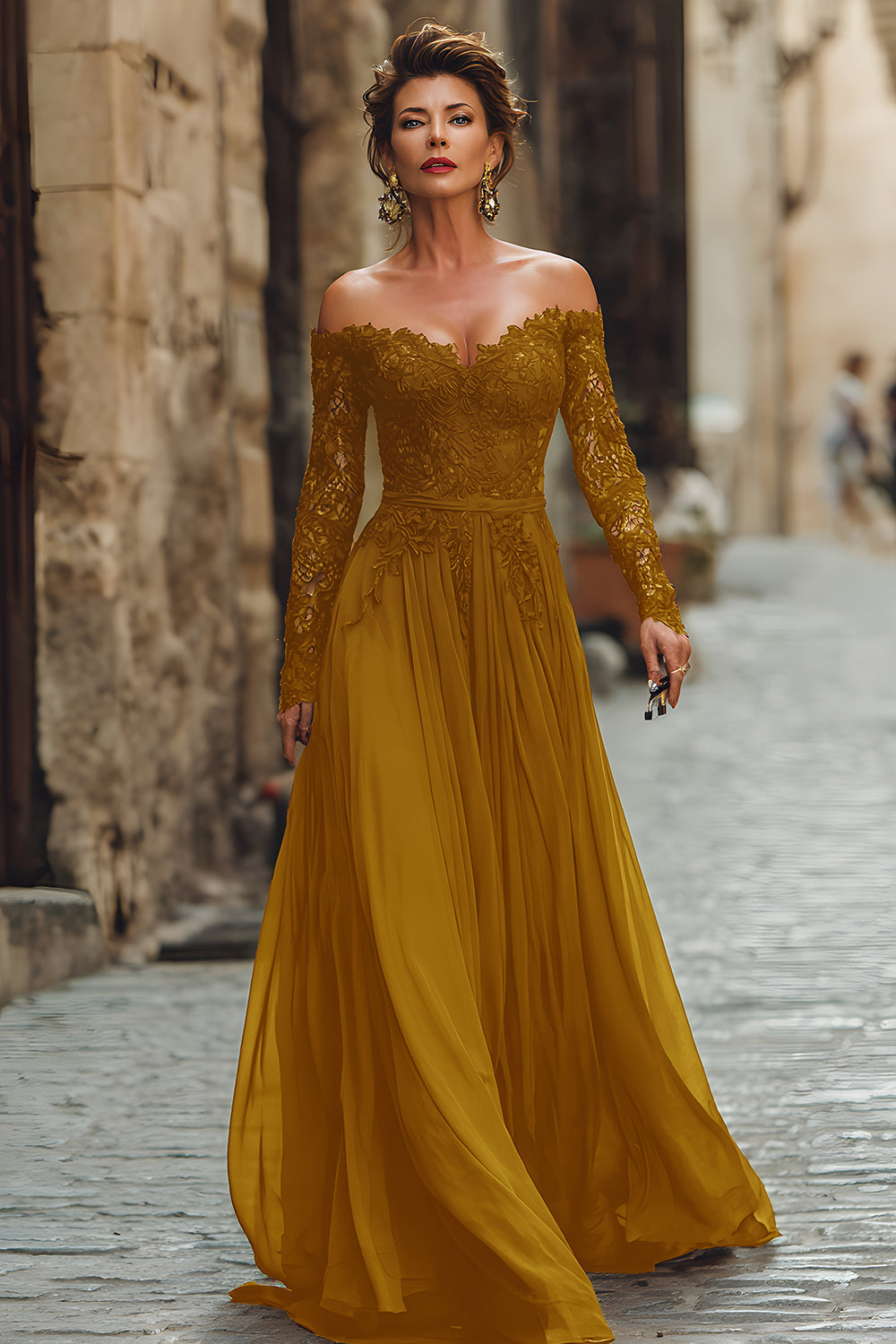Robe longue de mère de la mariée trapèze en dentelle avec épaules dénudées Cabernet