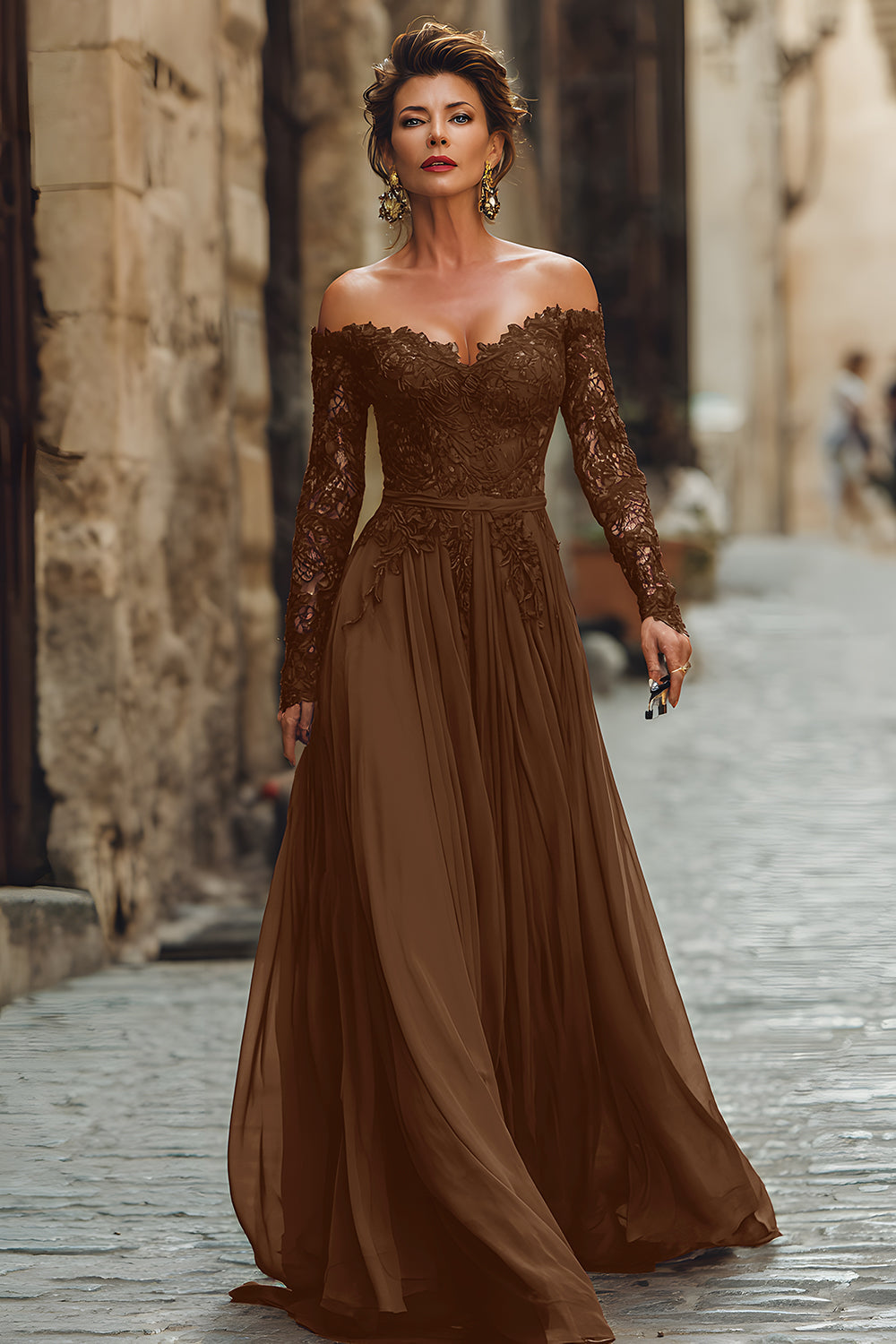 Robe longue de mère de la mariée trapèze en dentelle avec épaules dénudées Cabernet