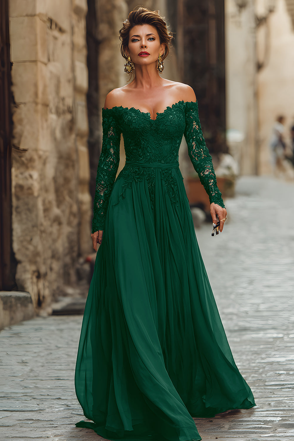 Robe longue de mère de la mariée trapèze en dentelle avec épaules dénudées Cabernet