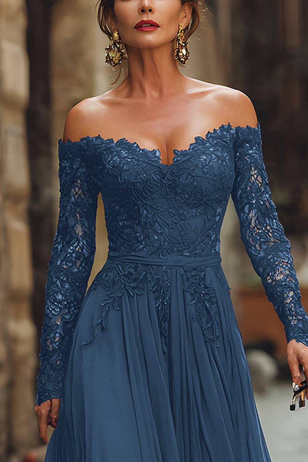 Robe longue de mère de la mariée trapèze en dentelle avec épaules dénudées Cabernet
