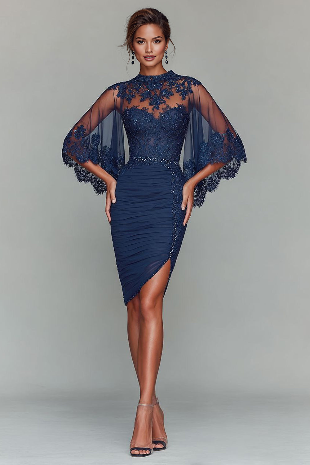 Navy Bodycon Round Neck Ruched Short Mother of the Bride Dress with Appliques
