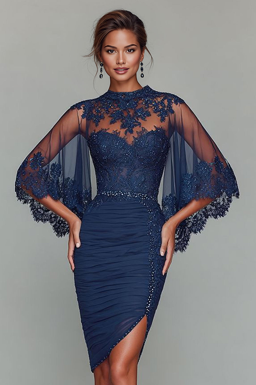 Navy Bodycon Round Neck Ruched Short Mother of the Bride Dress with Appliques