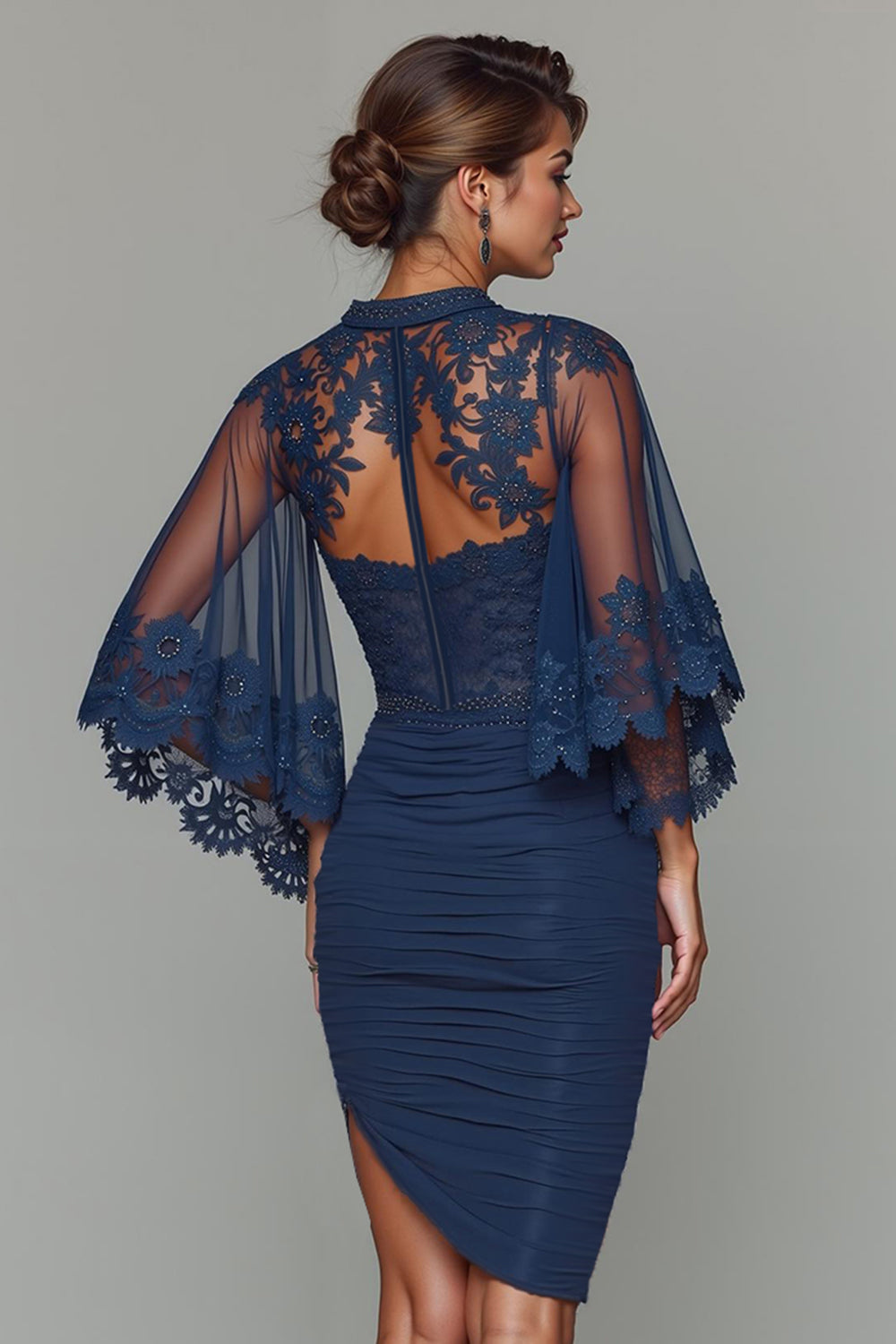 Navy Bodycon Round Neck Ruched Short Mother of the Bride Dress with Appliques