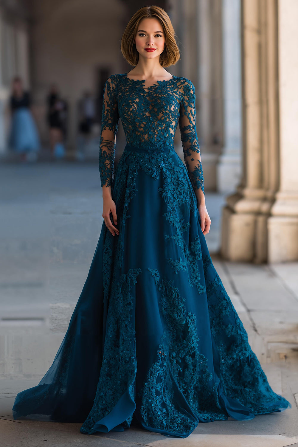Peacock Blue Applique A-Line Long Mother of the Bride Dress