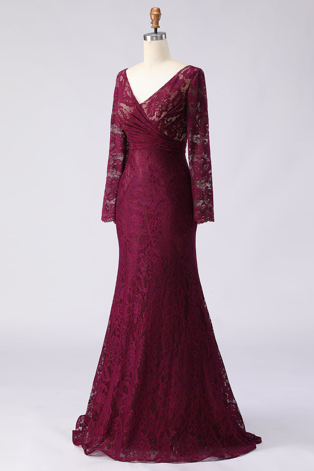 Cabernet Lace Appliqued Mermaid V-Neck Long Mother of the Bride Dress