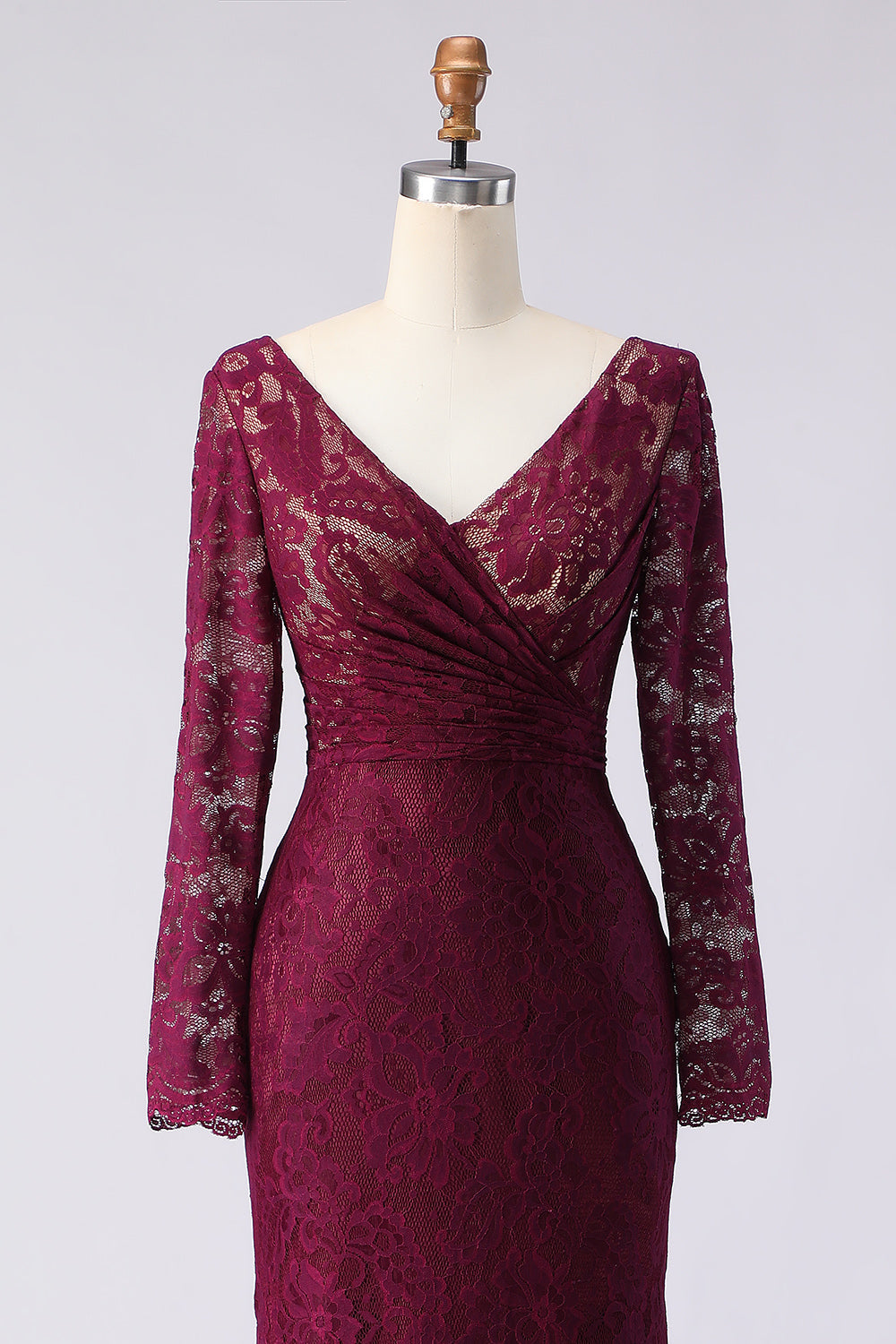Cabernet Lace Appliqued Mermaid V-Neck Long Mother of the Bride Dress