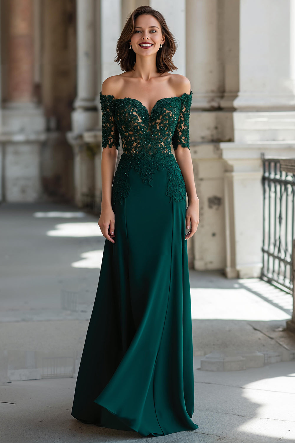 A-Line Dark Green Off the Shoulder Applique Long Mother of the Bride Dress