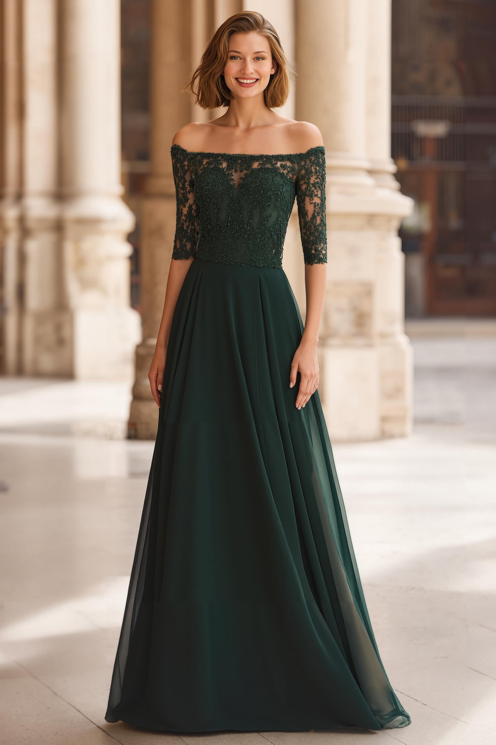 A-Line Off the Shoulder Lace Applique Pine Mother of the Bride Dress