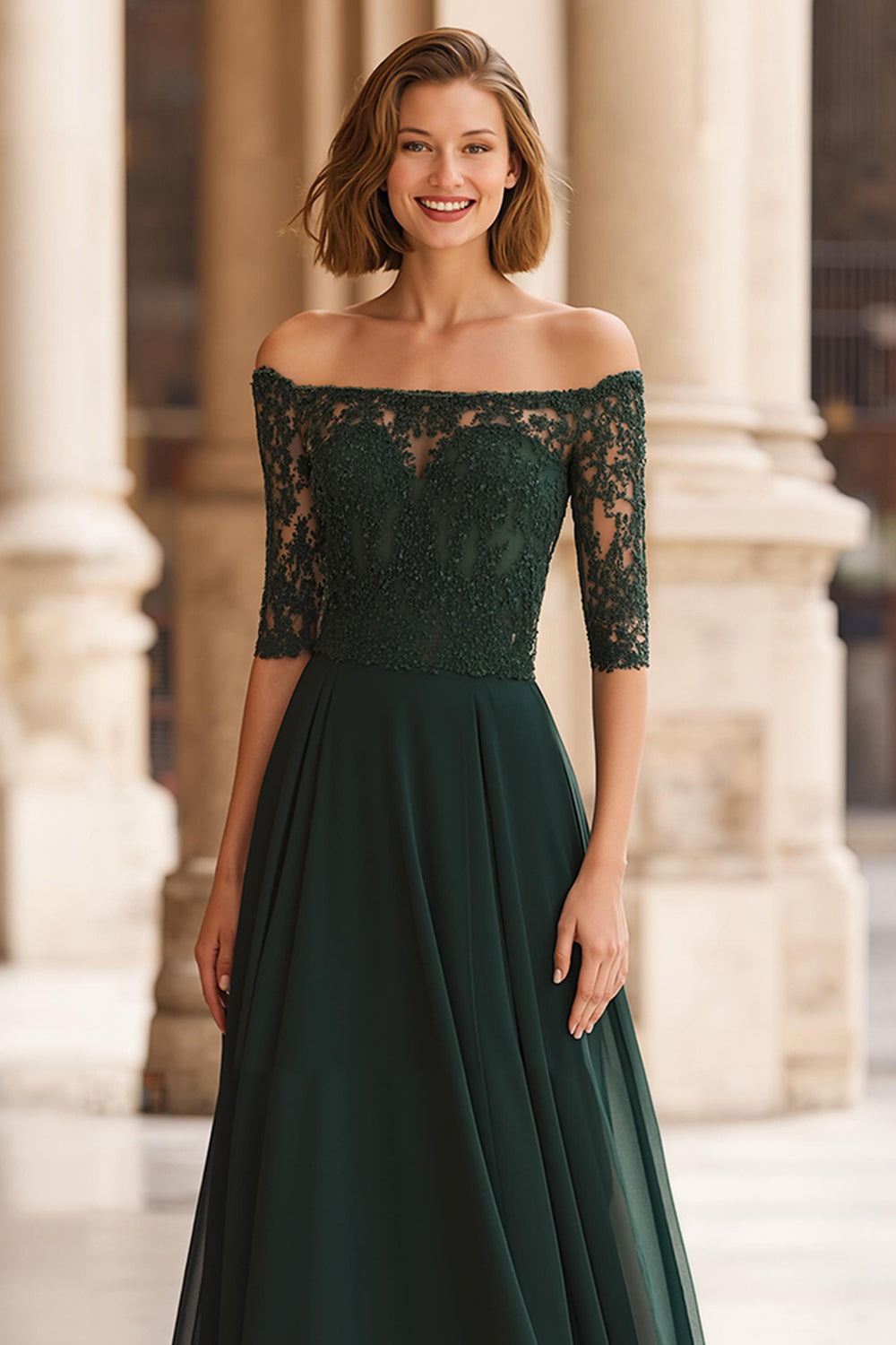 A-Line Off the Shoulder Lace Applique Pine Mother of the Bride Dress