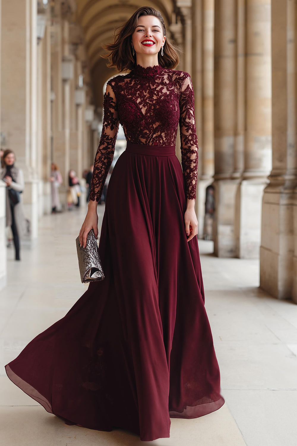 A-Line Cabernet Lace Applique Chiffon Mother of the Bride Dress