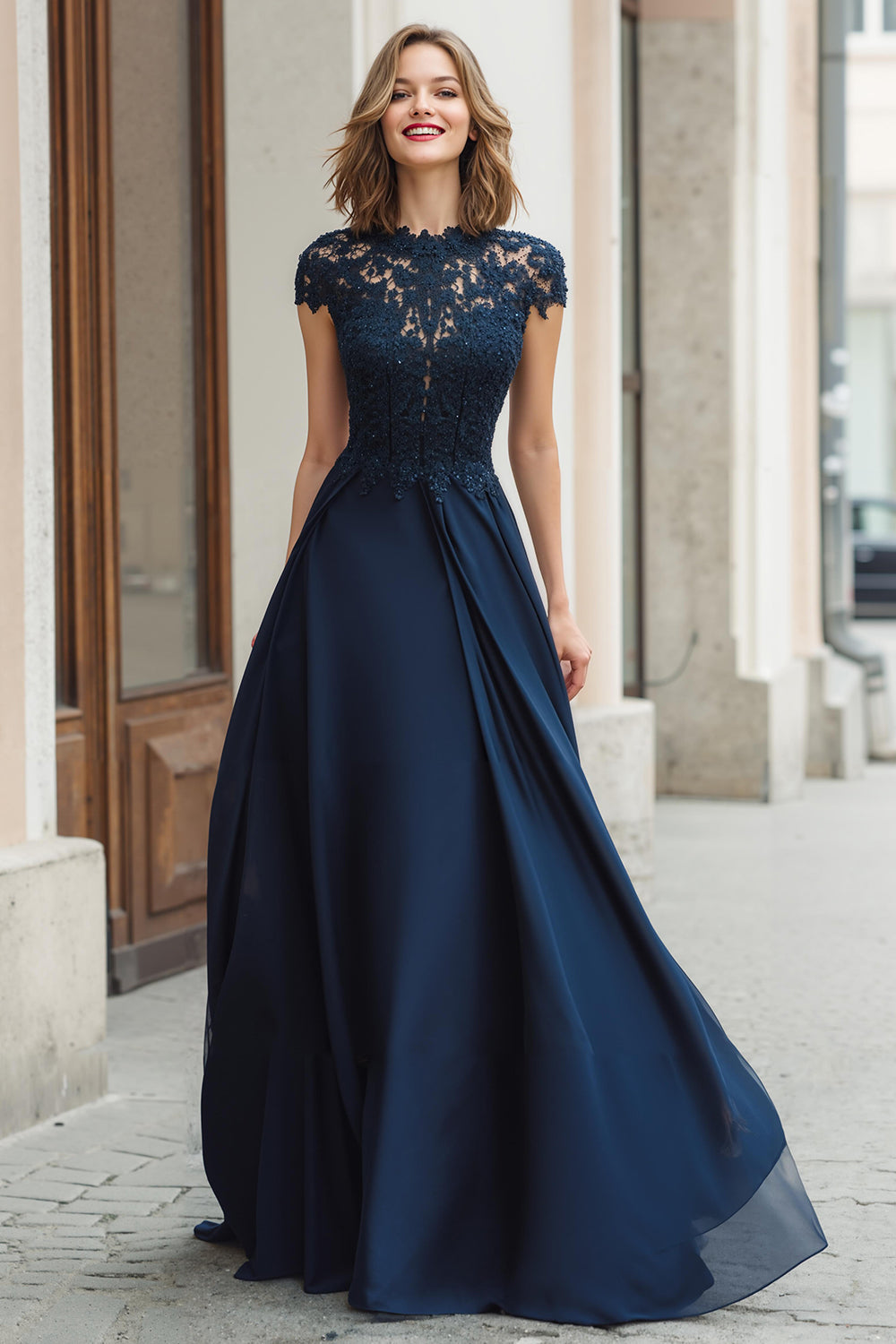 Navy Long Lace Applique A-Line Mother of the Bride Dress