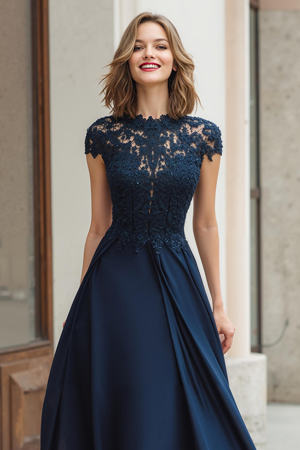 Navy Long Lace Applique A-Line Mother of the Bride Dress