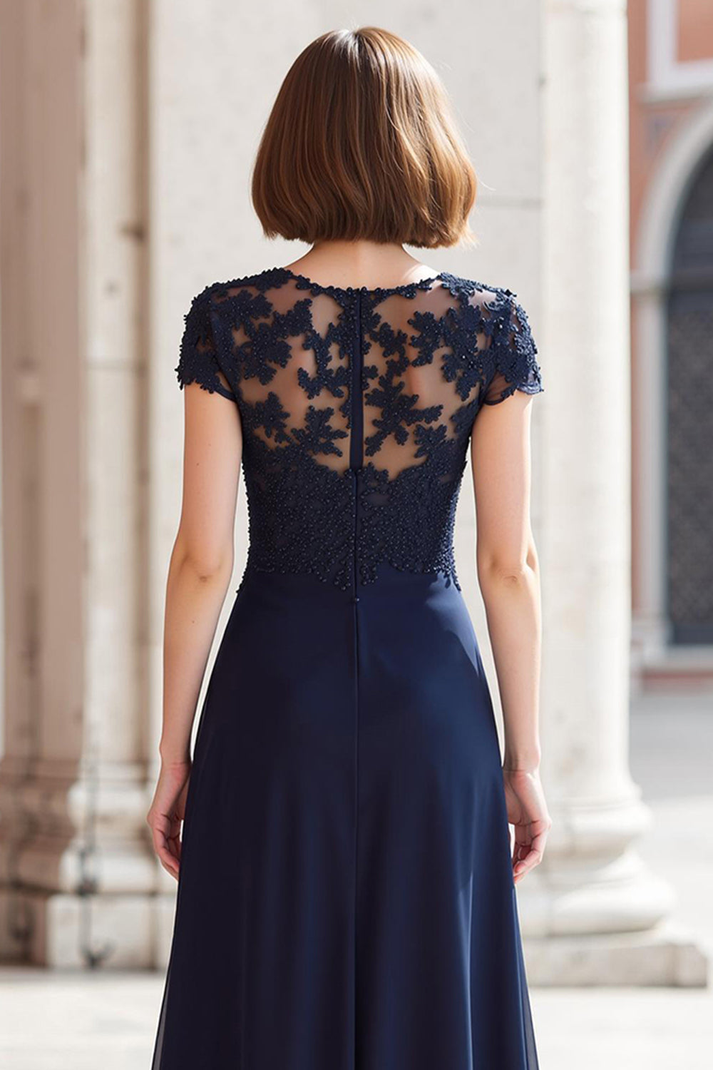 Vestido largo de encaje azul marino con apliques en línea A para la madre de la novia