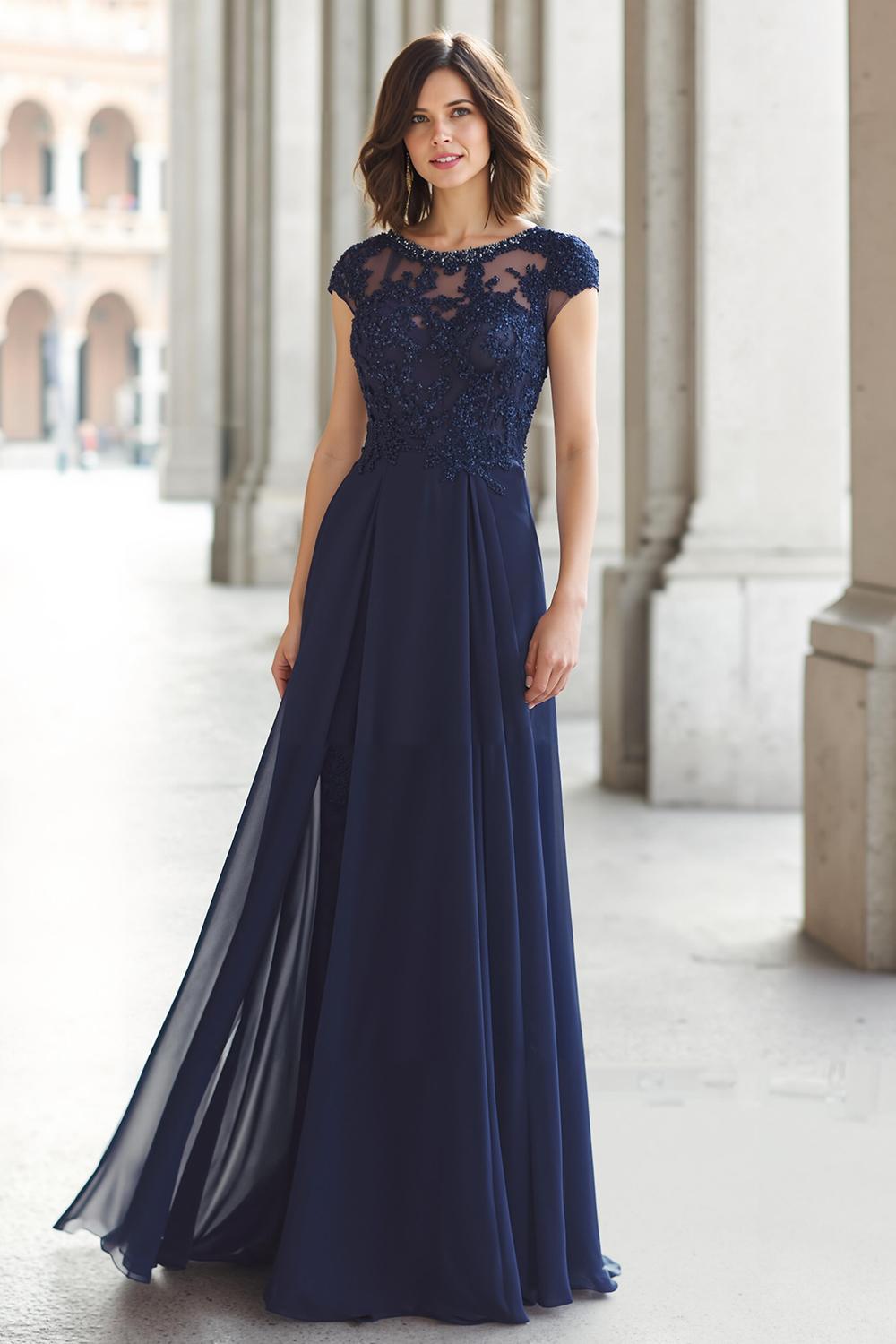 Robe de mère de la mariée en mousseline avec applications en dentelle et jupe trapèze bleu marine