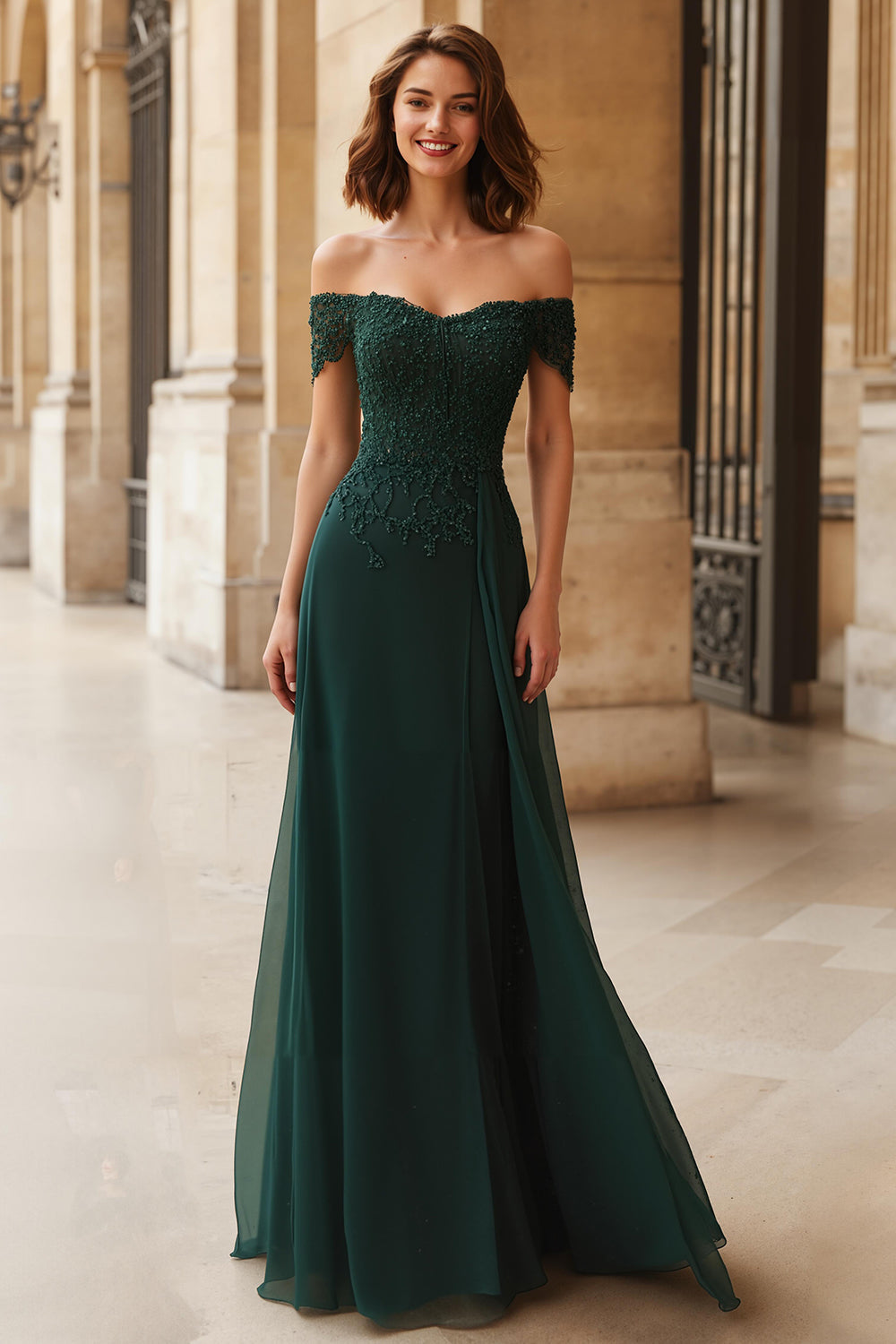 Off the Shoulder A-Line Pine Long Mother of the Bride Dress