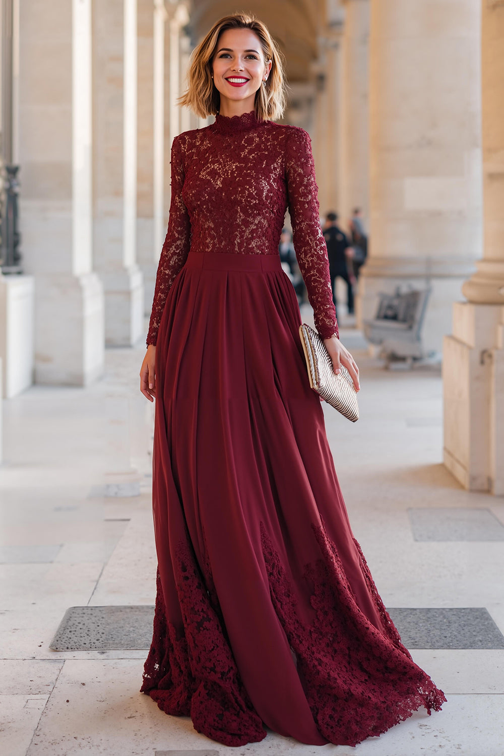 Burgundy A-Line High Neck Applique Mother of the Bride Dress