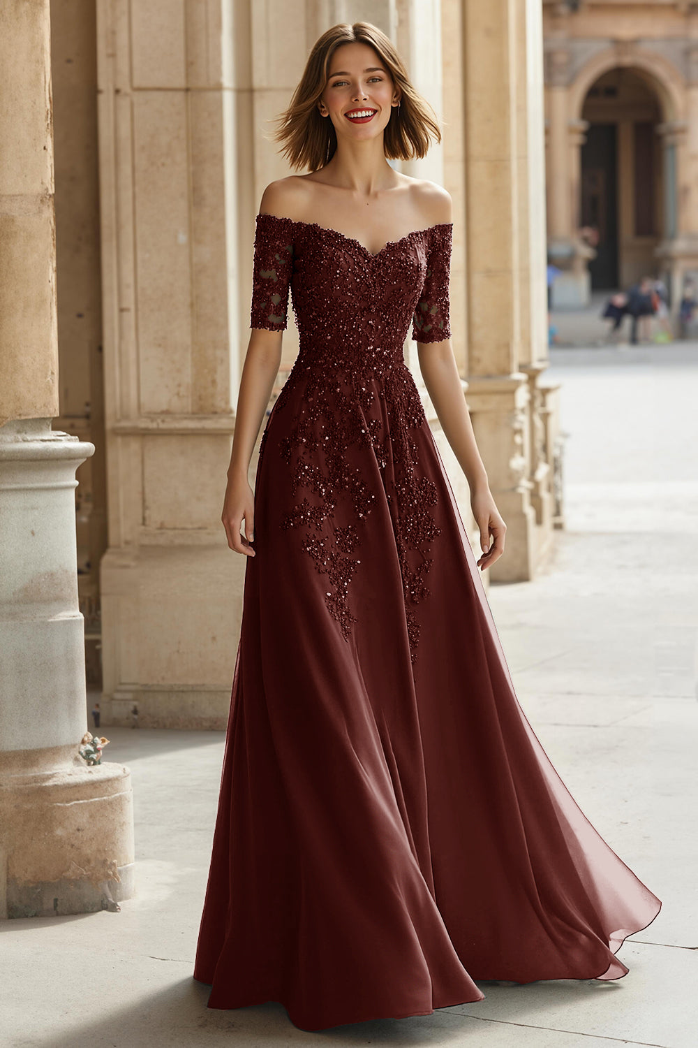 Robe Mère de la Mariée Trapèze en Pin Épaules Dénudées Appliques Perles