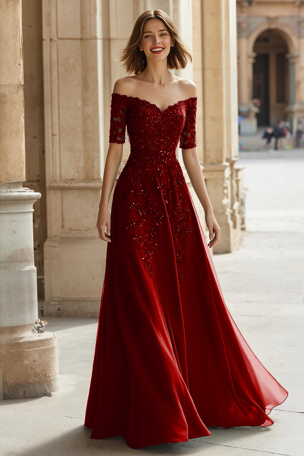 Robe Mère de la Mariée Trapèze en Pin Épaules Dénudées Appliques Perles