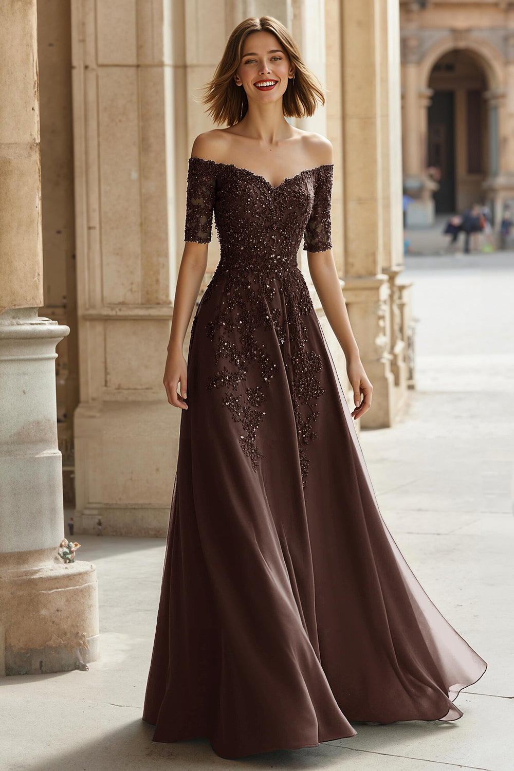 Robe Mère de la Mariée Trapèze en Pin Épaules Dénudées Appliques Perles