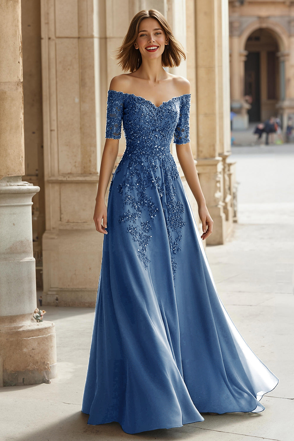 Robe Mère de la Mariée Trapèze en Pin Épaules Dénudées Appliques Perles
