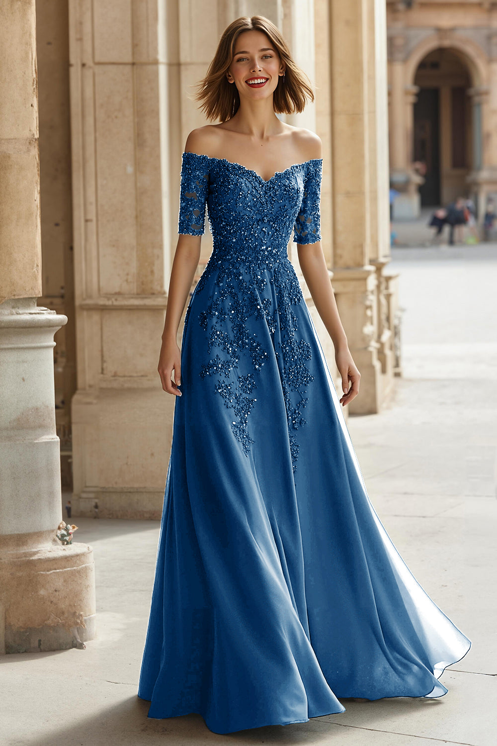 Robe Mère de la Mariée Trapèze en Pin Épaules Dénudées Appliques Perles