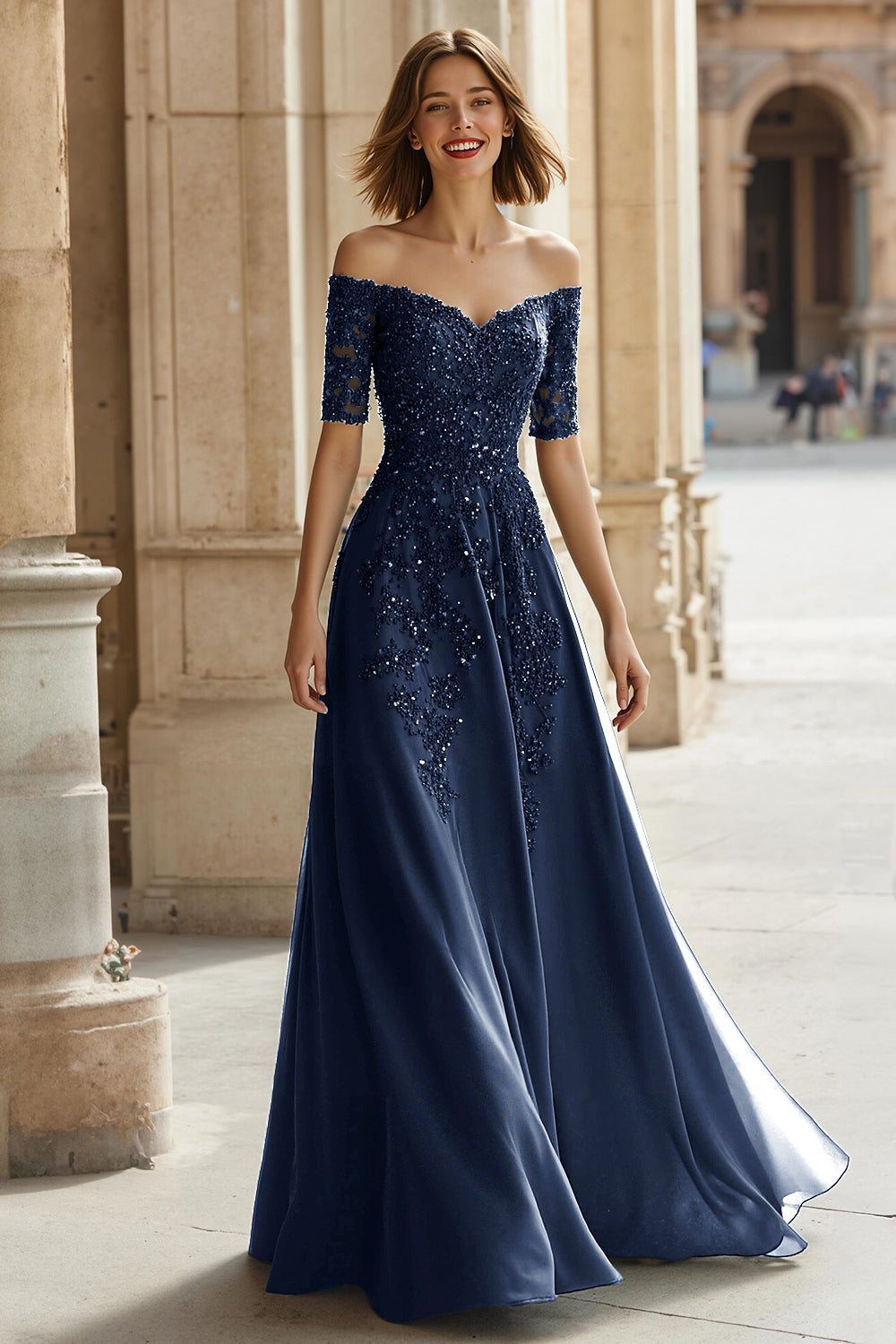 Robe Mère de la Mariée Trapèze en Pin Épaules Dénudées Appliques Perles