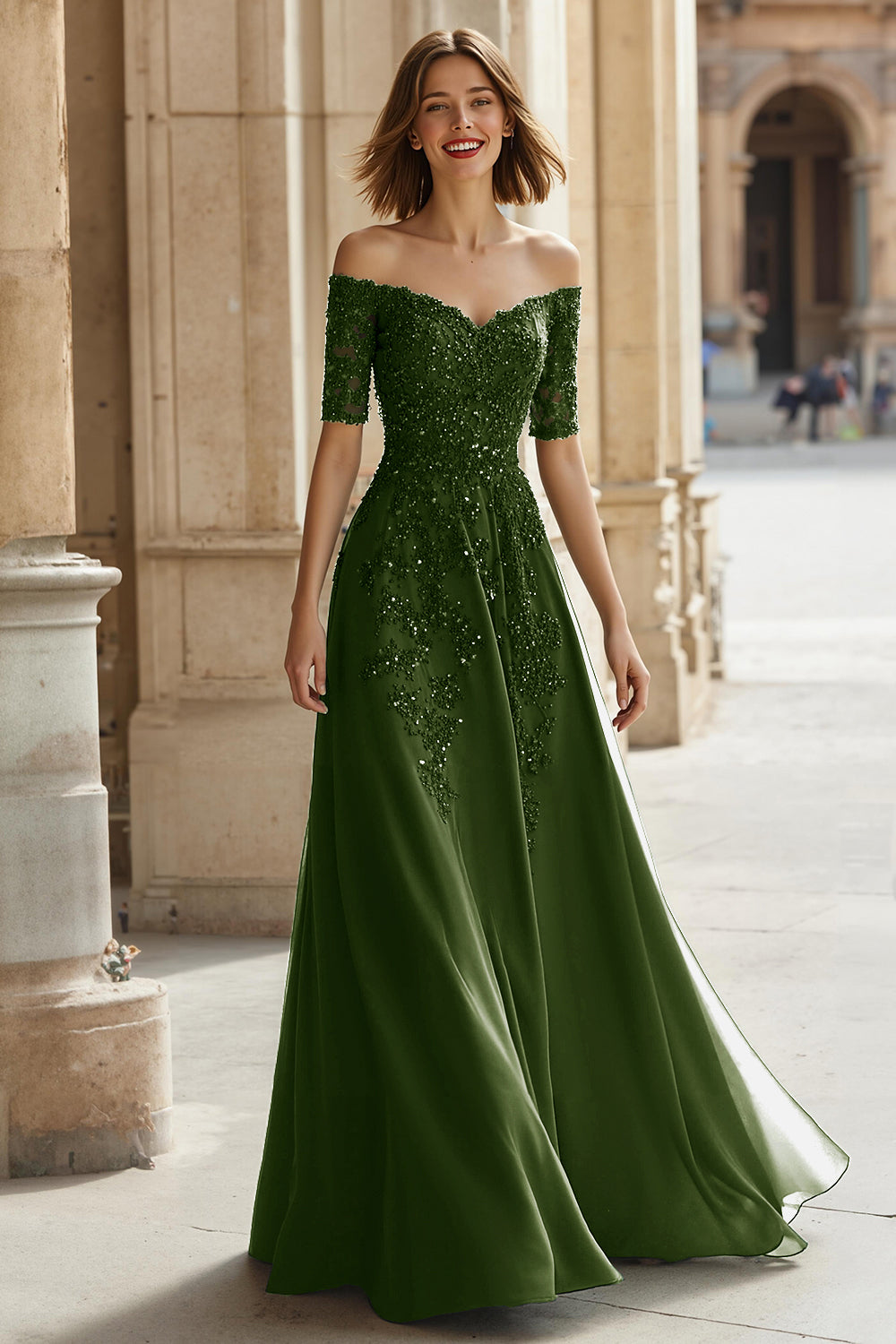 Robe Mère de la Mariée Trapèze en Pin Épaules Dénudées Appliques Perles