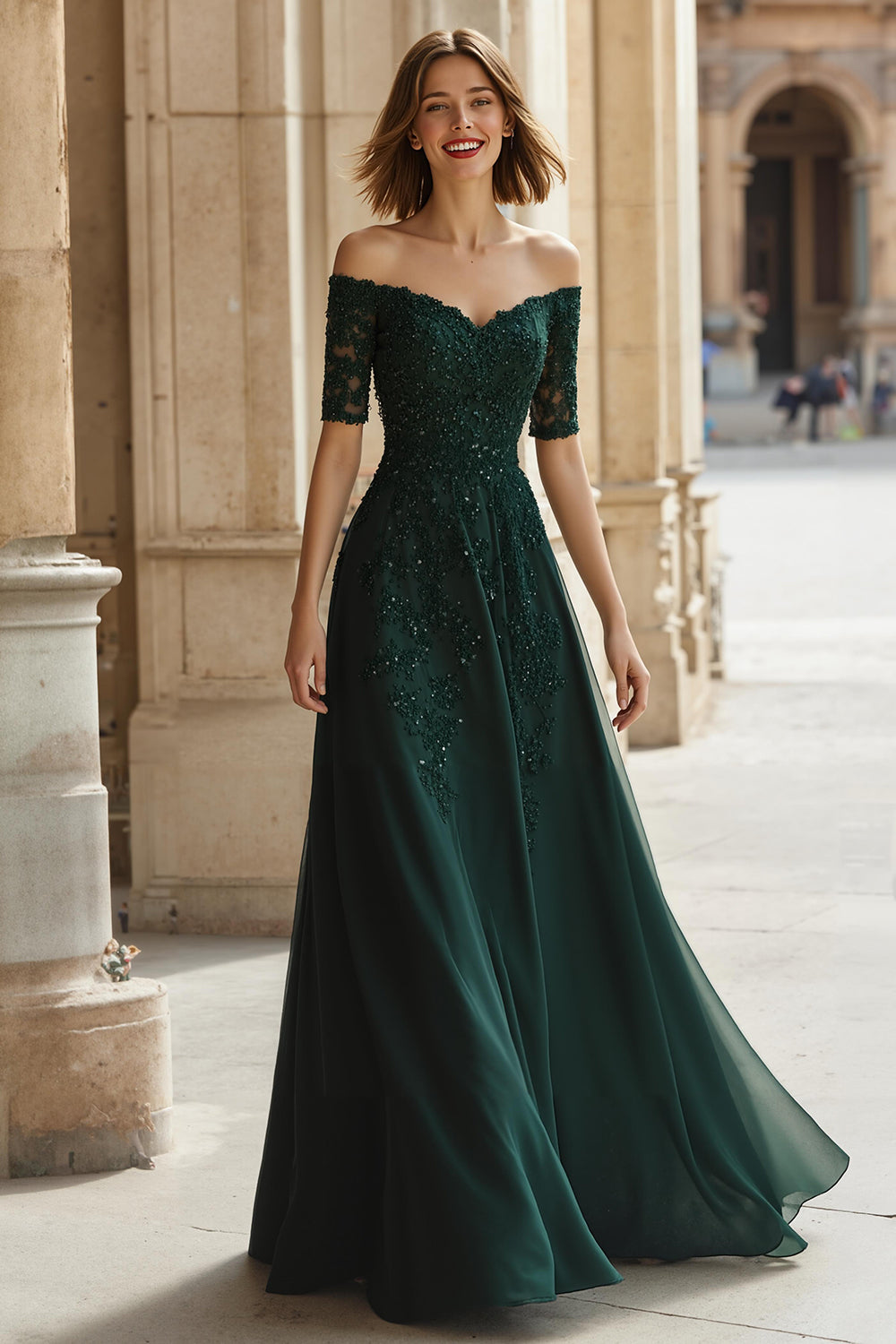 Robe Mère de la Mariée Trapèze en Pin Épaules Dénudées Appliques Perles