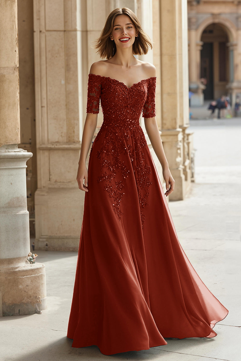 Robe Mère de la Mariée Trapèze en Pin Épaules Dénudées Appliques Perles