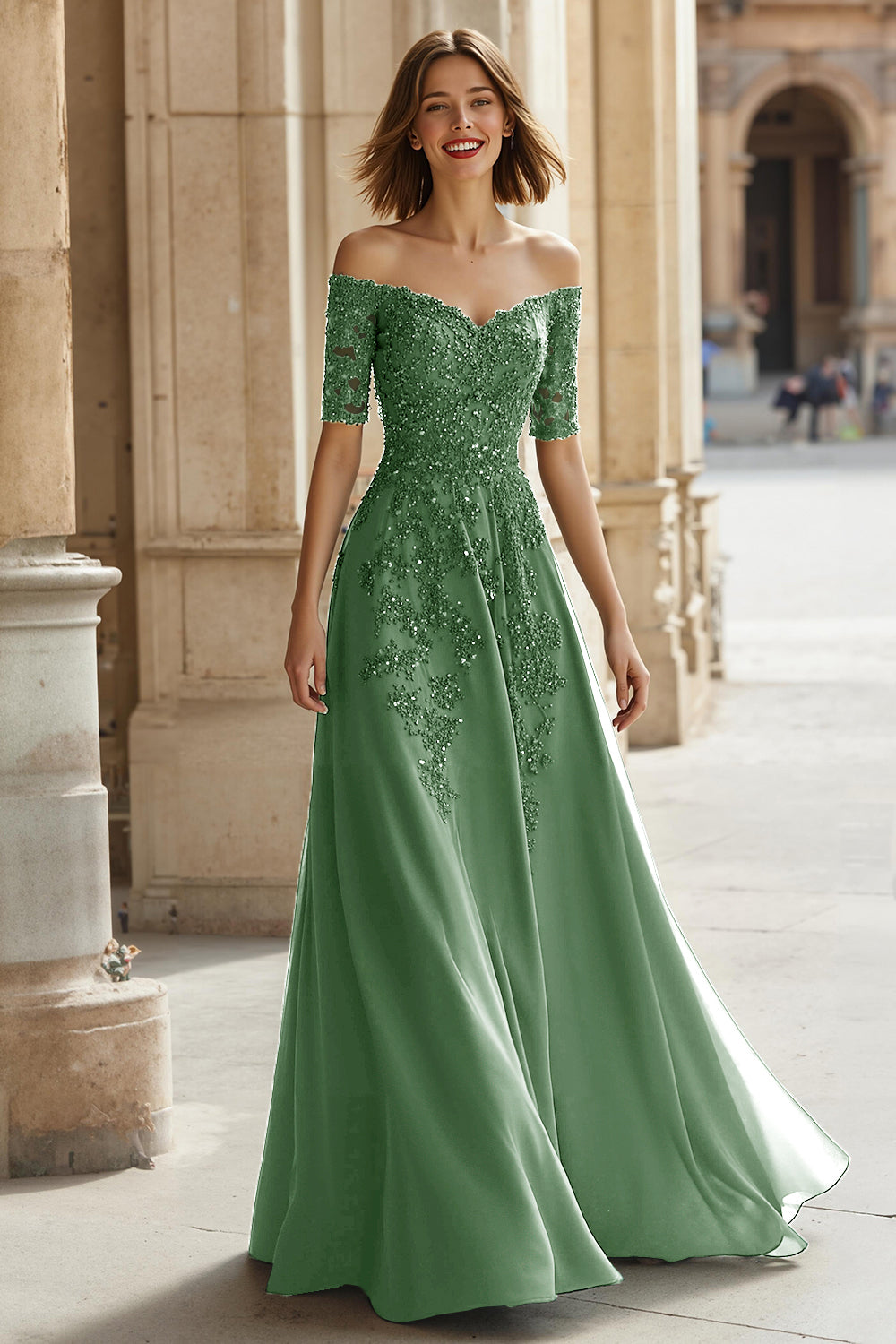 Robe Mère de la Mariée Trapèze en Pin Épaules Dénudées Appliques Perles