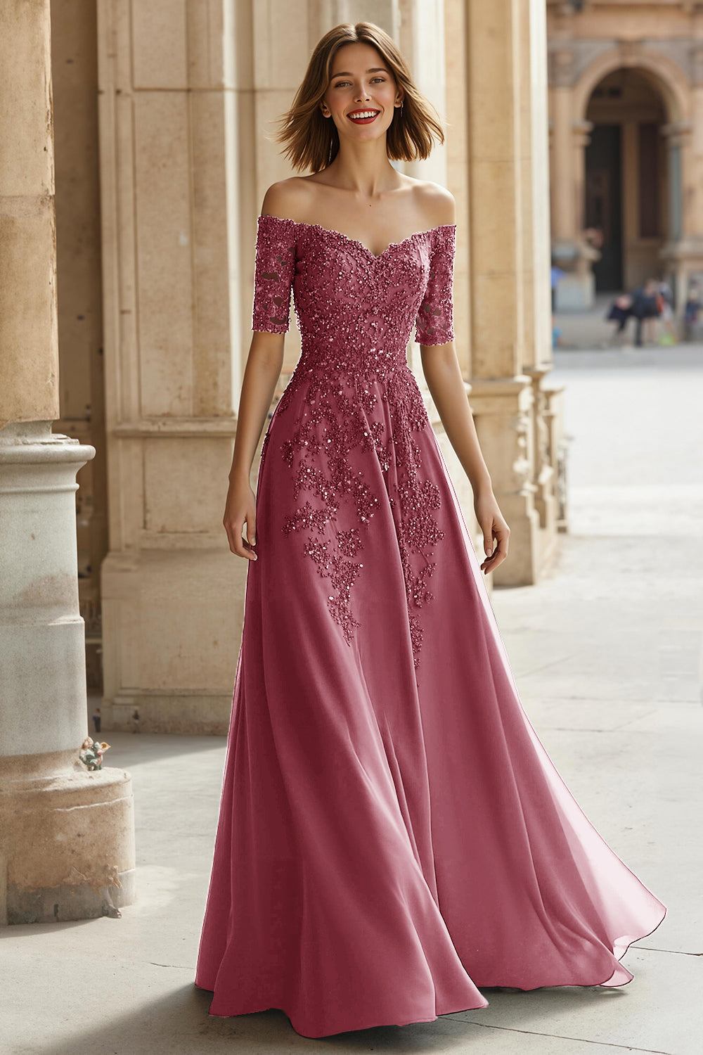 Robe Mère de la Mariée Trapèze en Pin Épaules Dénudées Appliques Perles