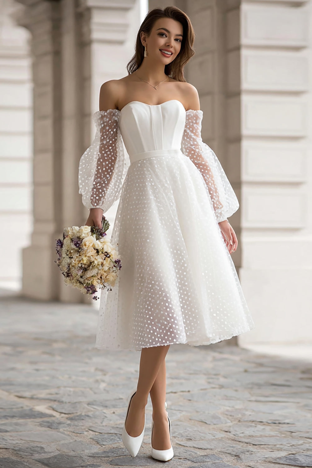 Ivory Off-the-Shoulder A-Line Polka Dot Engagement Dress