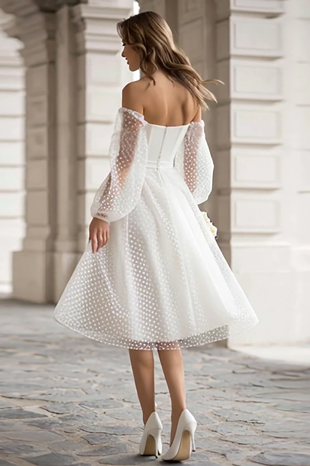 Ivory Off-the-Shoulder A-Line Polka Dot Engagement Dress