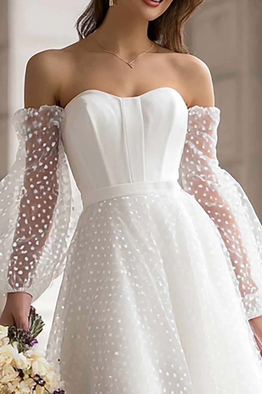 Ivory Off-the-Shoulder A-Line Polka Dot Engagement Dress