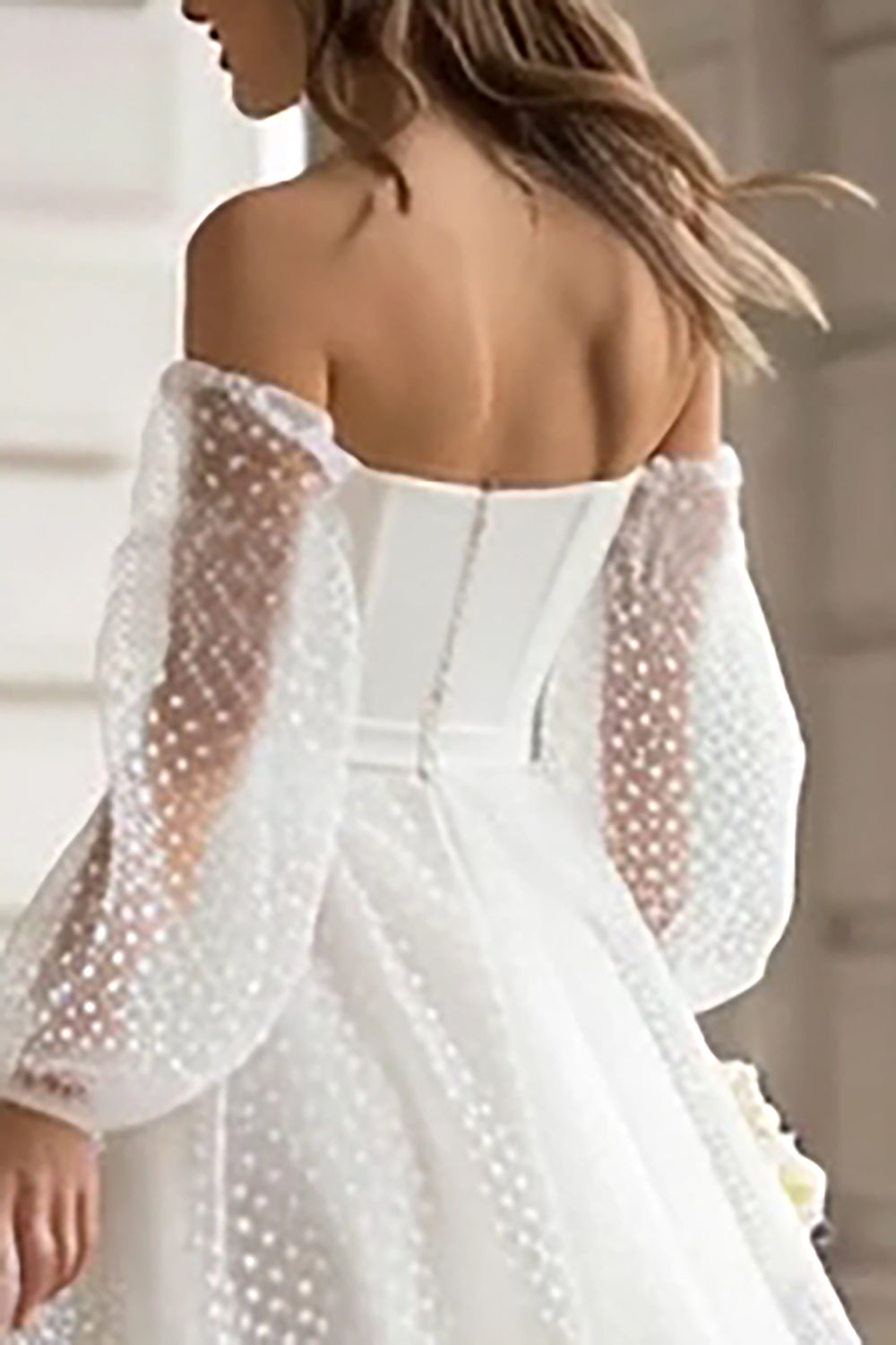 Ivory Off-the-Shoulder A-Line Polka Dot Engagement Dress