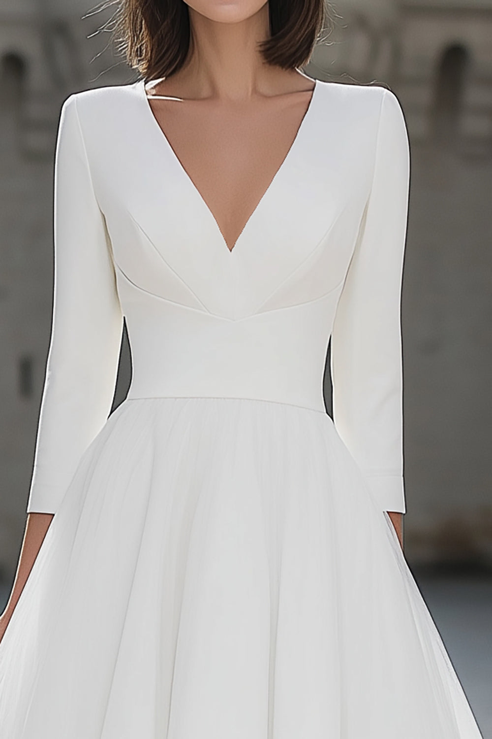 A-Line Ivory V-Neck Midi Engagement Dress