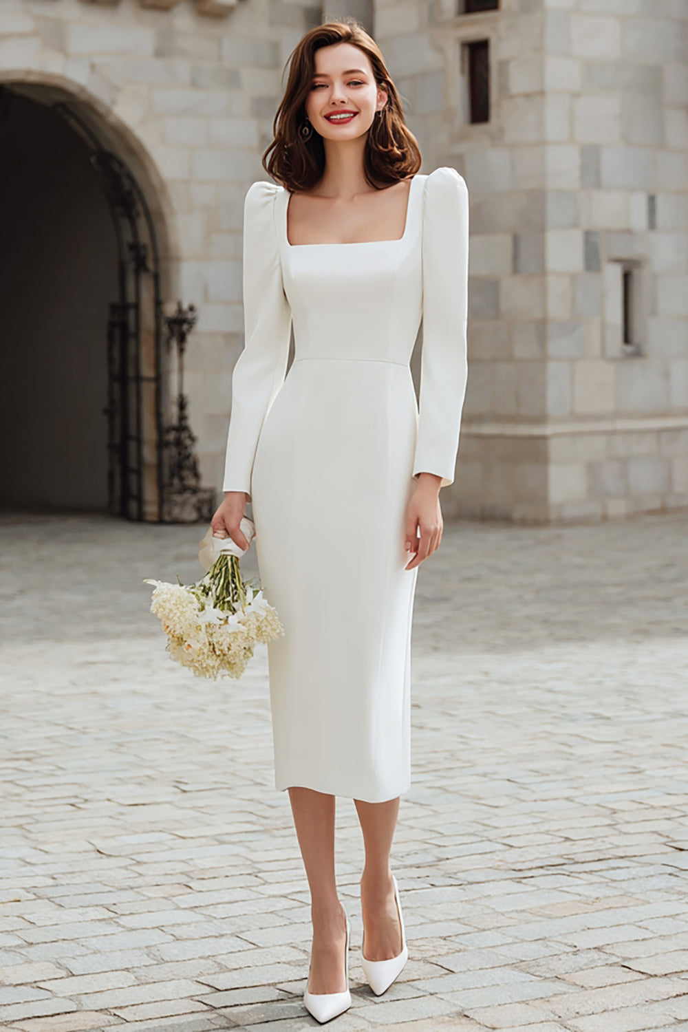 Ivory Square Neckline Bodycon Midi Engagement Dress