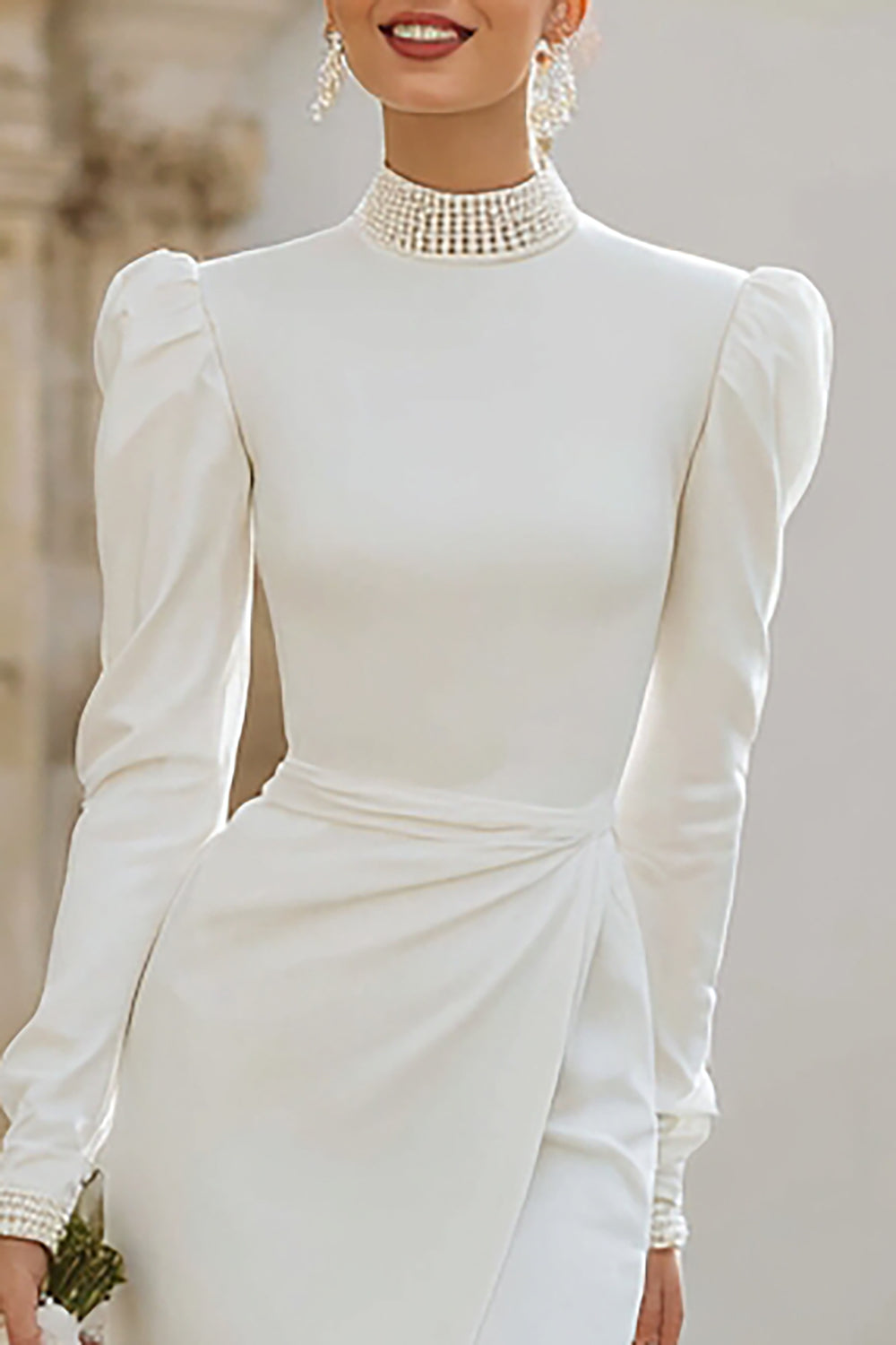 Ivory High Neck Bodycon Engagement Dress with Slit